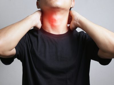 Man,Suffering,He,Touching,Inflammated,Zone,On,His,Neck,On